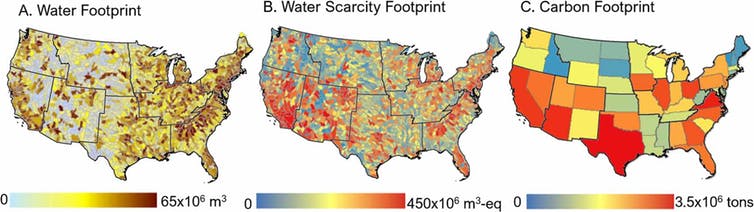 Kaart van de watervoetafdruk van datacenters in de VS.